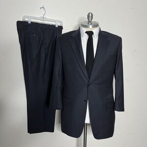 Samuelsohn 2-Piece Suit Mens 44R W36 L29 Navy Blue Pinstripe Pleated Cuffed Wool